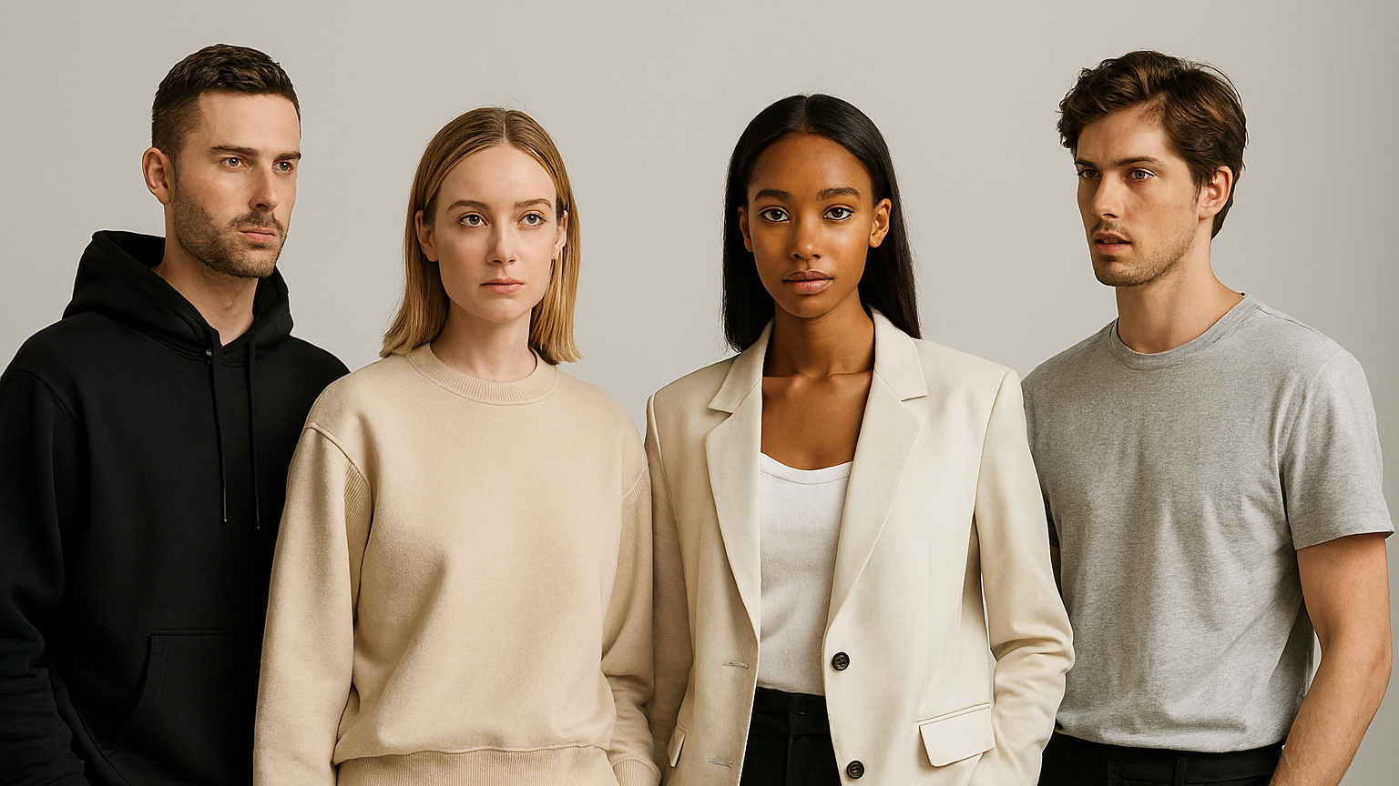 Four individuals wearing a variety of casual and semi-formal outfits against a neutral background